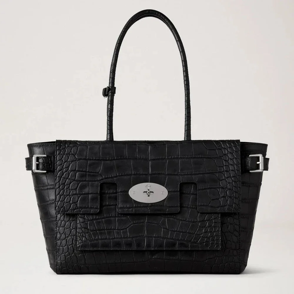 Mulberry Buckle Bayswater NVT Croc, black shoulder bag in crocodile-embossed leather with silver buckle. Model HH9957741A100