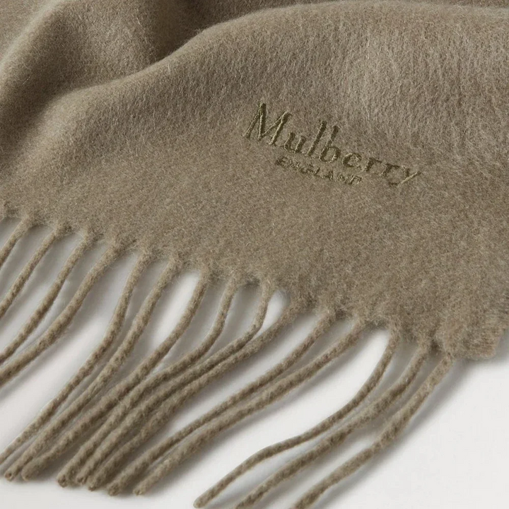 Mulberry Cashmere Scarf olive, soft olive green cashmere scarf with fringes and embroidered logo. Model vs4460071q140
