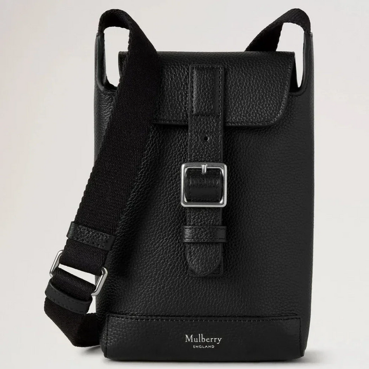 Mulberry Chiltern Phone Pouch Black Small Classic Grain, black mobile phone pouch in leather with silver buckle and adjustable strap. Model RL8846205A100