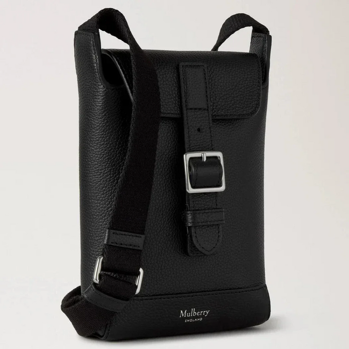 Mulberry Chiltern Phone Pouch Black Small Classic Grain with adjustable strap and silver buckle, Model RL8846205A100.