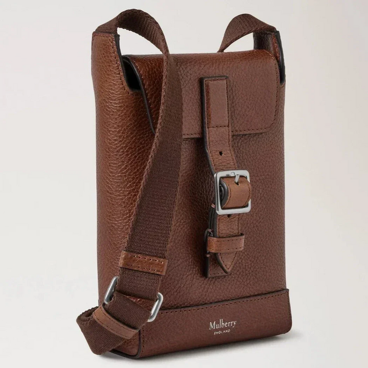 Mulberry Chiltern Phone Pouch oak natural vegetable tanned in brown leather with adjustable strap. Model RL8823-275G110.