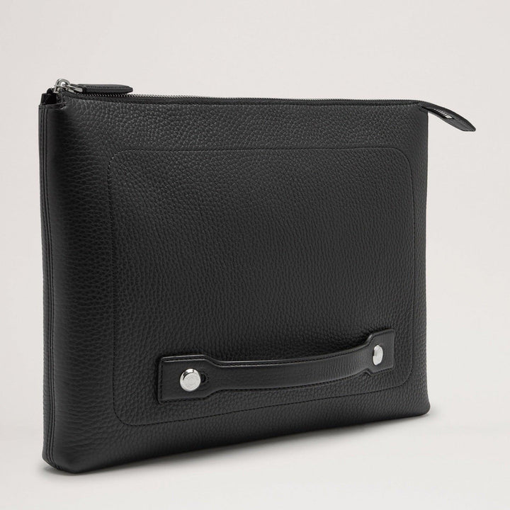Mulberry City Laptop Heavy Grain Black, elegant black laptop case in heavily embossed leather, seen from the side. Model rl6311736a100