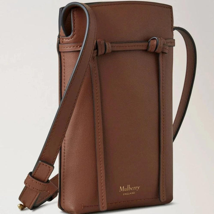 Mulberry Clovelly Phone Pouch Micro Classic Grain Oak in brown leather with adjustable shoulder strap, Model RL8557587G222