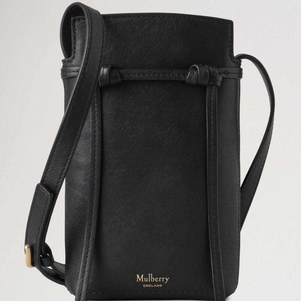 Mulberry Clovelly Phone Pouch Refined Flat Calf Black features a sleek black leather crossbody with gold text, Model RL8072635A100.