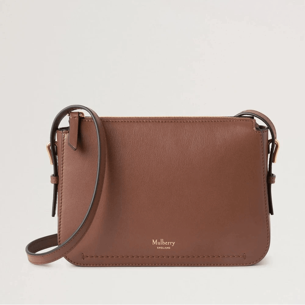 Mulberry Clovelly Pouch Micro Classic Grain Bright Oak, small brown shoulder bag in smooth leather. Model RL8729587G222