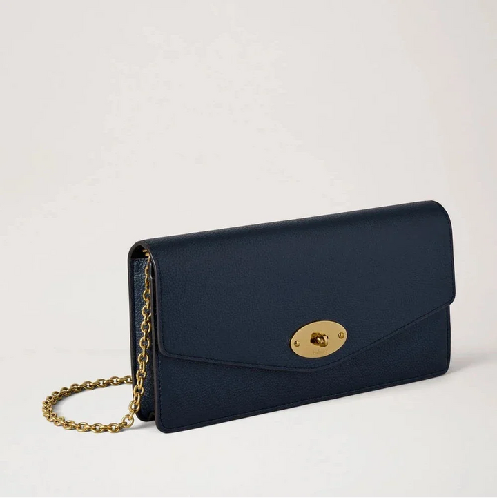 Mulberry Darley Clutch Small Classic Grain Night Sky shown in dark blue leather with gold chain, Model RL8971/205U888