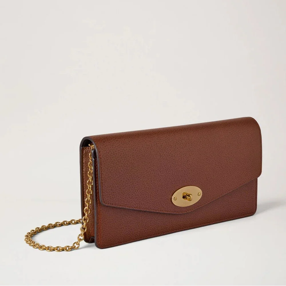 Mulberry Darley Clutch Small Classic Grain Oak in brown leather with gold chain strap, Model rl9005552g110