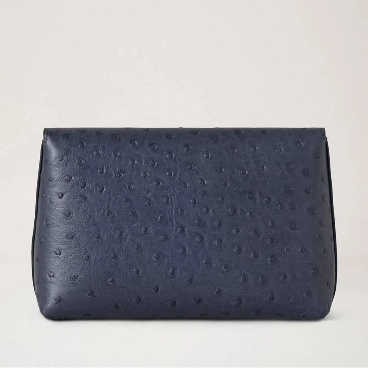 Mulberry Darley Cosmetic Pouch Ostrich Stormy Blue seen from the front, in embossed blue leather. Model RL8933738U918.