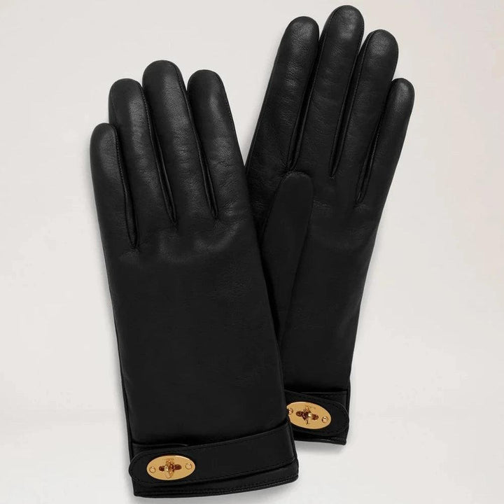 Mulberry Darley Gloves Nappa Leather Black, elegant black leather gloves with golden details. Model VG4150286A100-001