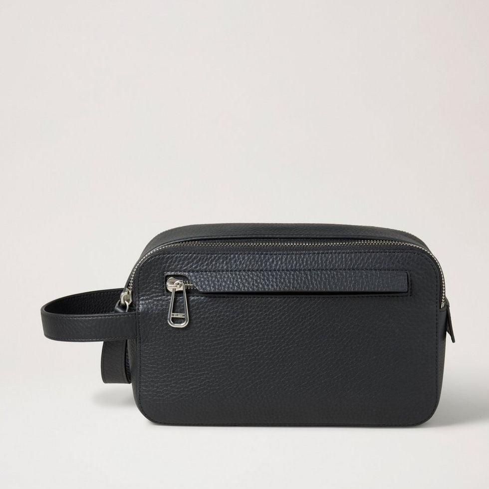 Mulberry Double Zip Wash Case, black heavy grain leather with silver zip and side loop. Model RL7308736A100
