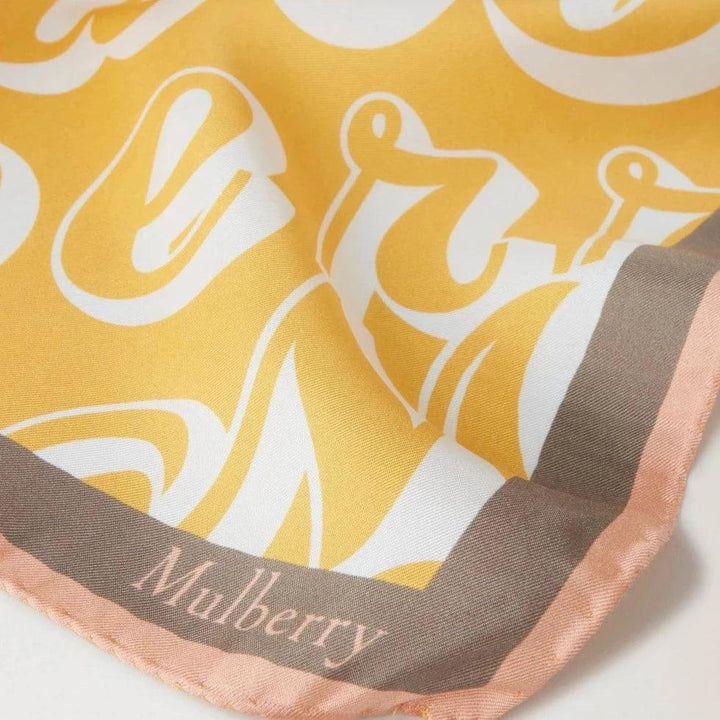 Mulberry Fantasy Logo Square Scarf with yellow and cream pattern, visible logo, silk look. Model VS4802027P504.