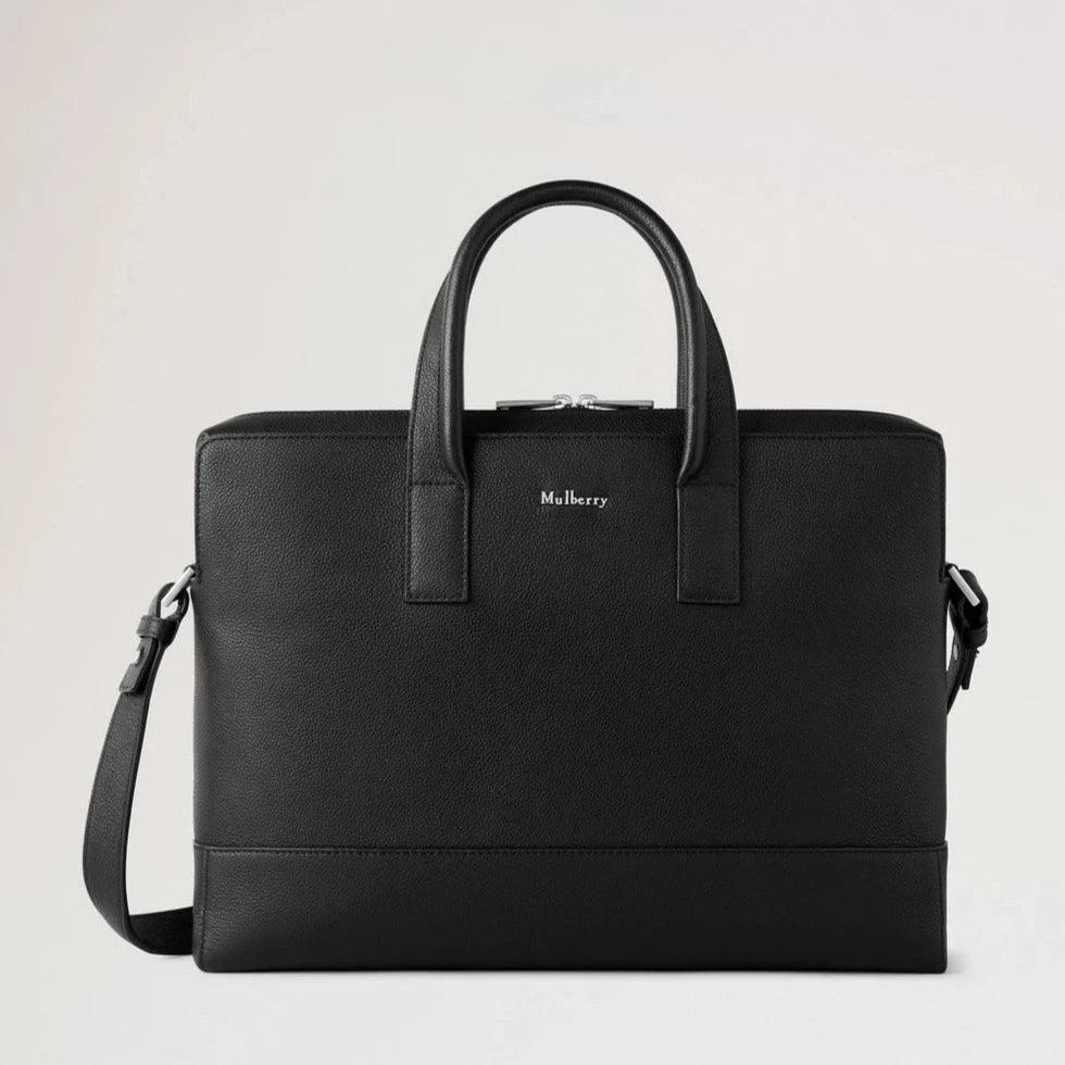 Mulberry Farringdon Briefcase Pebble Grain, black leather computer bag with handle and detachable shoulder strap. Model HB5128645A100.