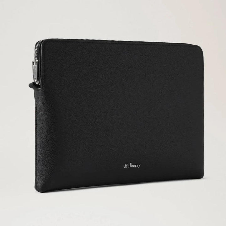 Mulberry Farringdon Tech Folio Small Pebble Grain in black leather with silver zipper. Model RL8272645A100