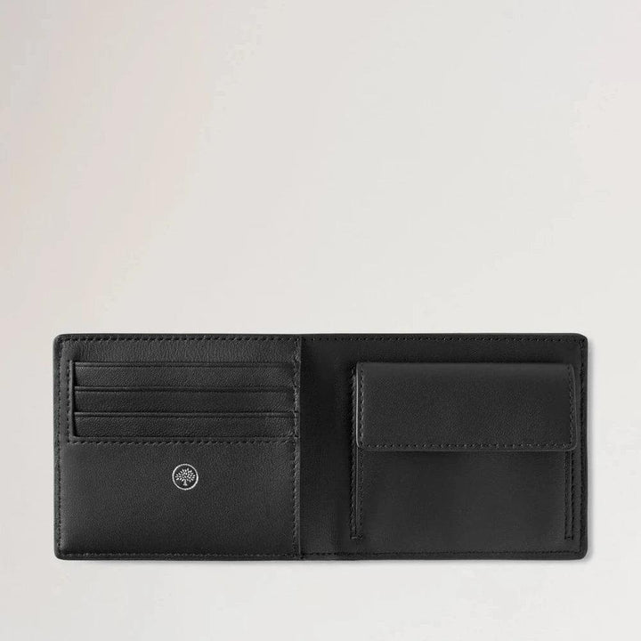Mulberry Heritage Bifold Coin Wallet in black leather, open with coin pocket and card holders. Model RL7883205A100