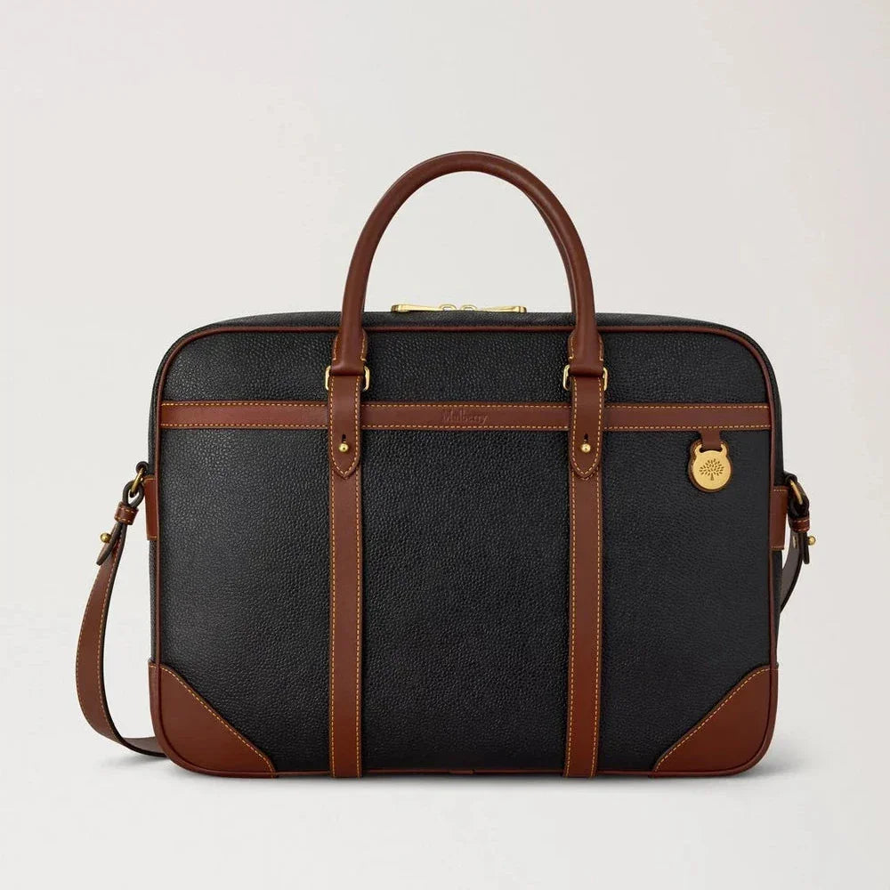 Mulberry Heritage Briefcase Black and Cognac Bio-Based Scotchgrain, elegant briefcase in black with brown leather details. Model hb5130127a340.