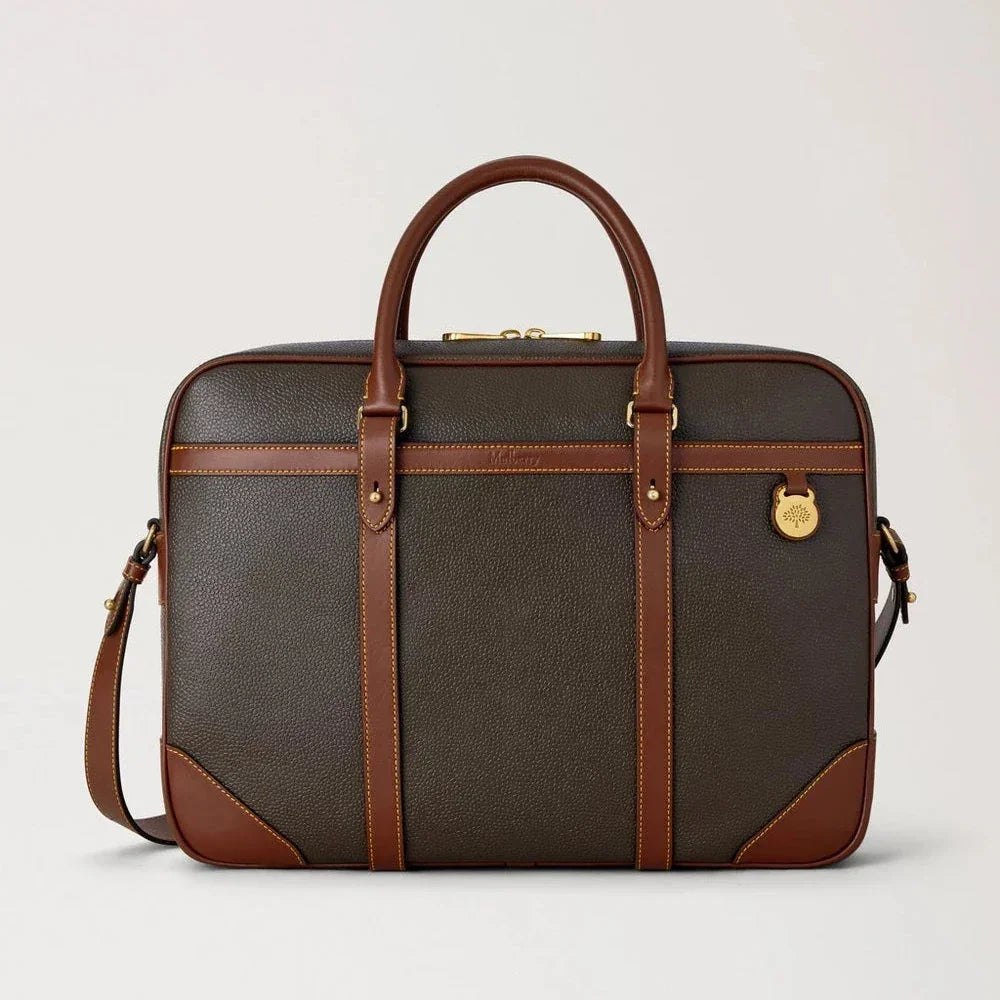 Mulberry Heritage Briefcase Scotchgrain Mole Cognac showcases elegant brown leather computer case with gold details. Model HB5130127Q330.