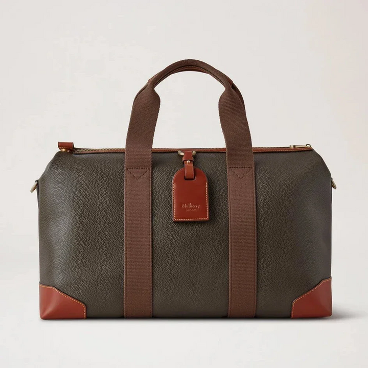 Mulberry Heritage Day Clipper Mole and Cognac Printed Bioveg Scotchgrain weekend bag with brown edges, Model HS5195127Q330.