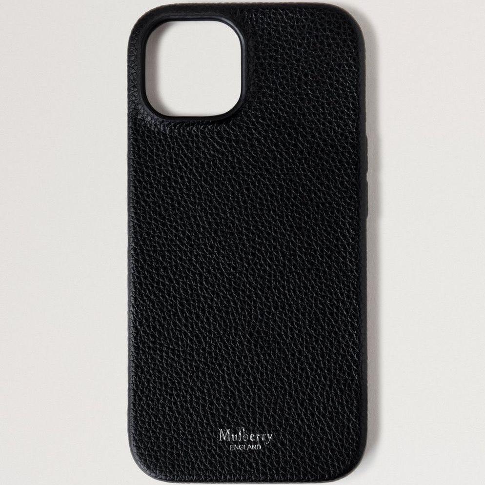 Mulberry iPhone 15 Case features an elegant black leather cover with texture and embossed logo, Model RL8012205A100.