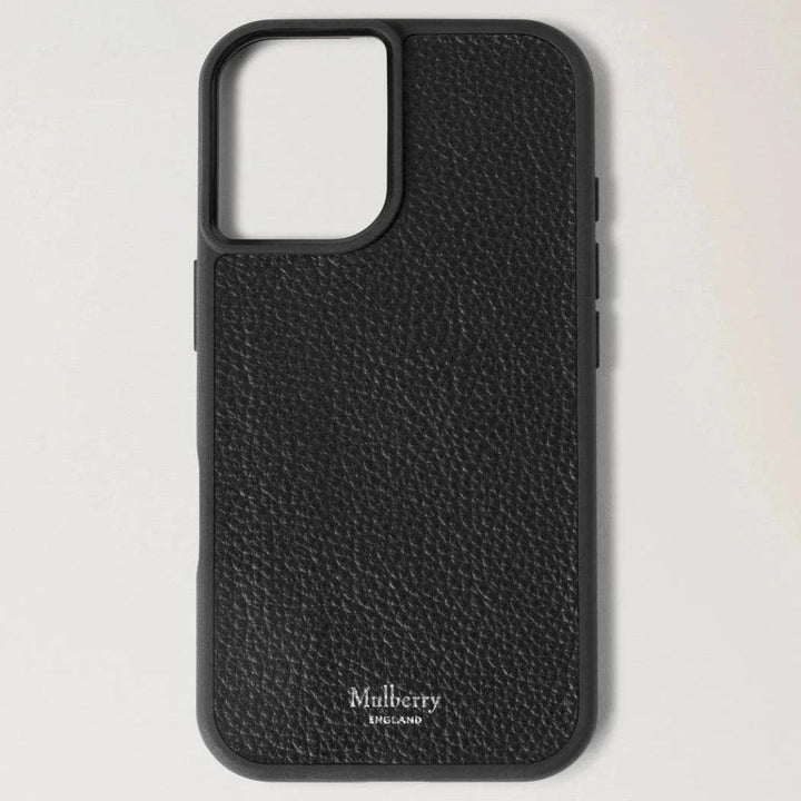 Mulberry iPhone 16 Cover black shows elegant black leather cover with structure for smartphone, Model RL8713205A100.