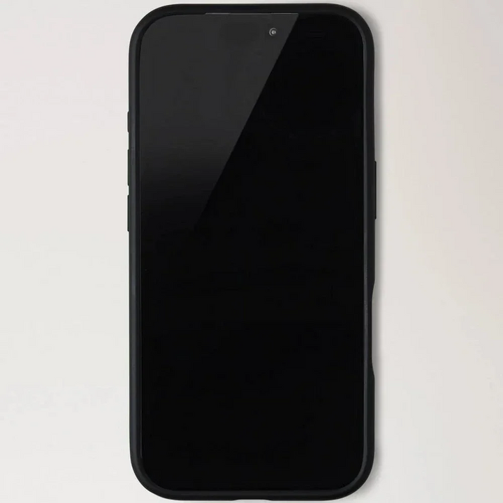 Mulberry iPhone 17 Case Small Classic Grain Black shows black leather mobile cover, laid flat. Model rl8910205a100
