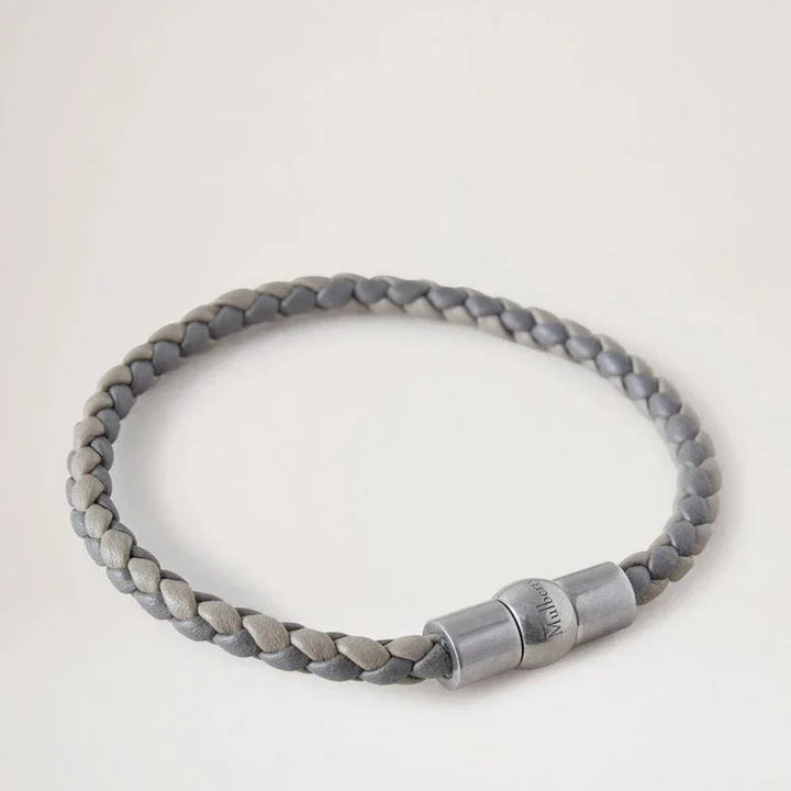Mulberry Iris Unisex Woven Leather Bracelet shows a woven leather bracelet in gray shades, Model QB2375736C111.
