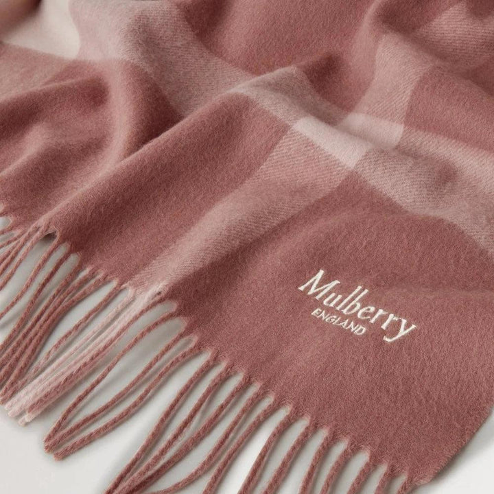 Mulberry Large Check Merino Wool Scarf shows pink check wool with fringe, model VS4295889J645.