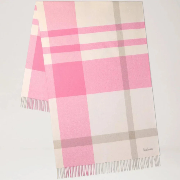 Mulberry Large Check Merino Wool Scarf Blossom Pink and Geranium Pink with checked pattern and fringes. Model VS4295889J008