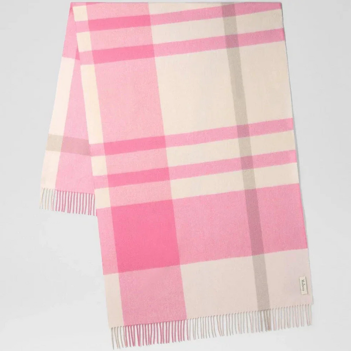 Mulberry Large Check Merino Wool Scarf Blossom Pink and Geranium Pink with large pink checks in soft wool, Model VS4295889J008.