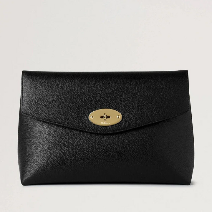 Mulberry Large Darley Cosmetic Pouch Black Small Classic Grain with golden clasp, black leather. Model RL8849205A100