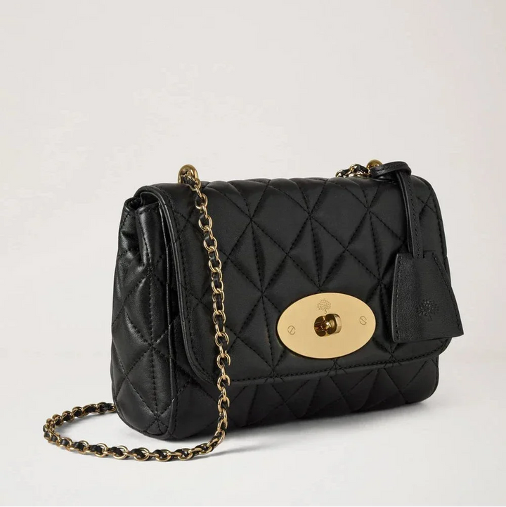 Mulberry Lily Black Quilting handbag with chain strap and golden buckle, black leather, Model HH9913676A100