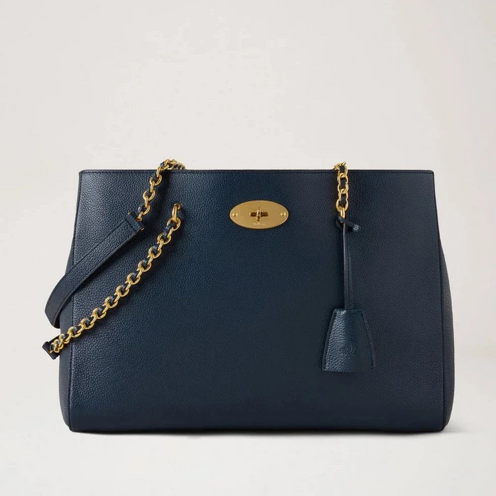 Mulberry Lily Chain Tote Night Sky Small Classic Grain shows a dark blue leather bag with gold chain strap, Model HH9576205U888.