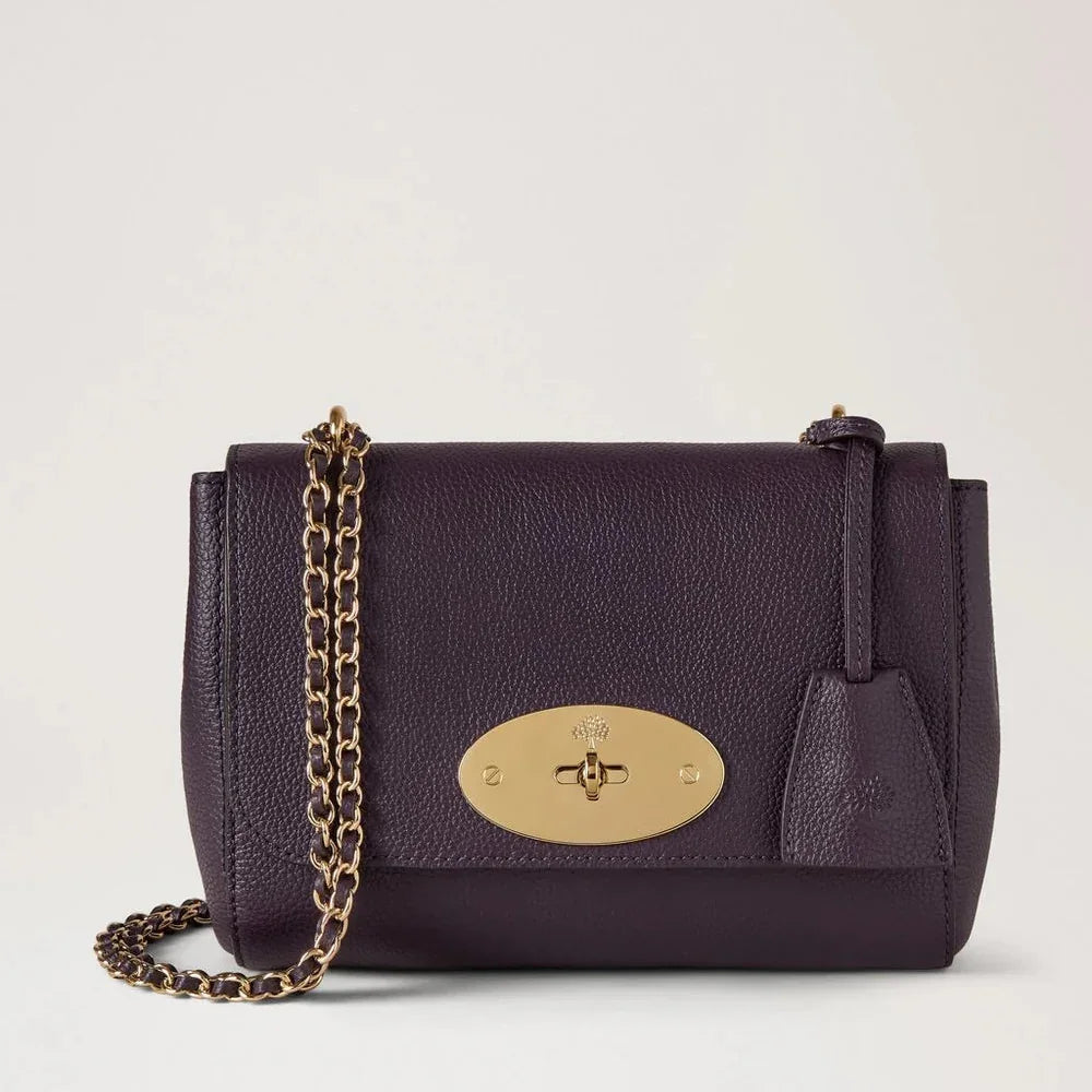 Mulberry Lily Small Classic Grain Deep Aubergine shoulder bag in dark purple leather with gold chain, Model HH3291205V697.