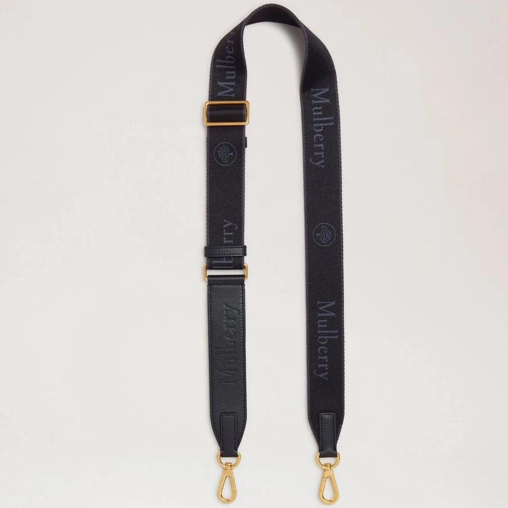Mulberry Logo Webbing Strap Black Micro Classic Grain and Webbing, black strap with logo, adjustable and gold colored buckles. Model rx0283000a100