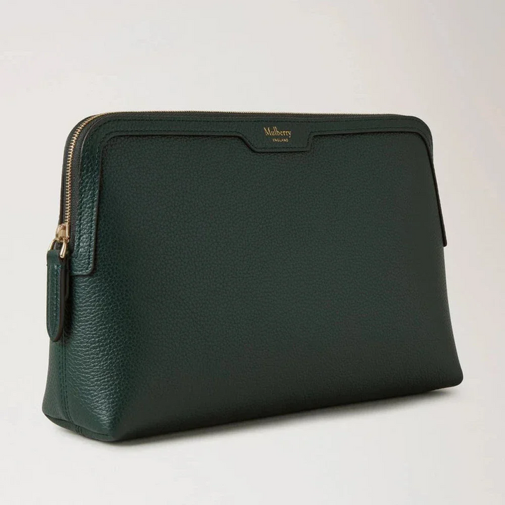 Mulberry Medium Cosmetic Pouch mulberry green in embossed leather with zip and gold details. Model RL8319205Q633.
