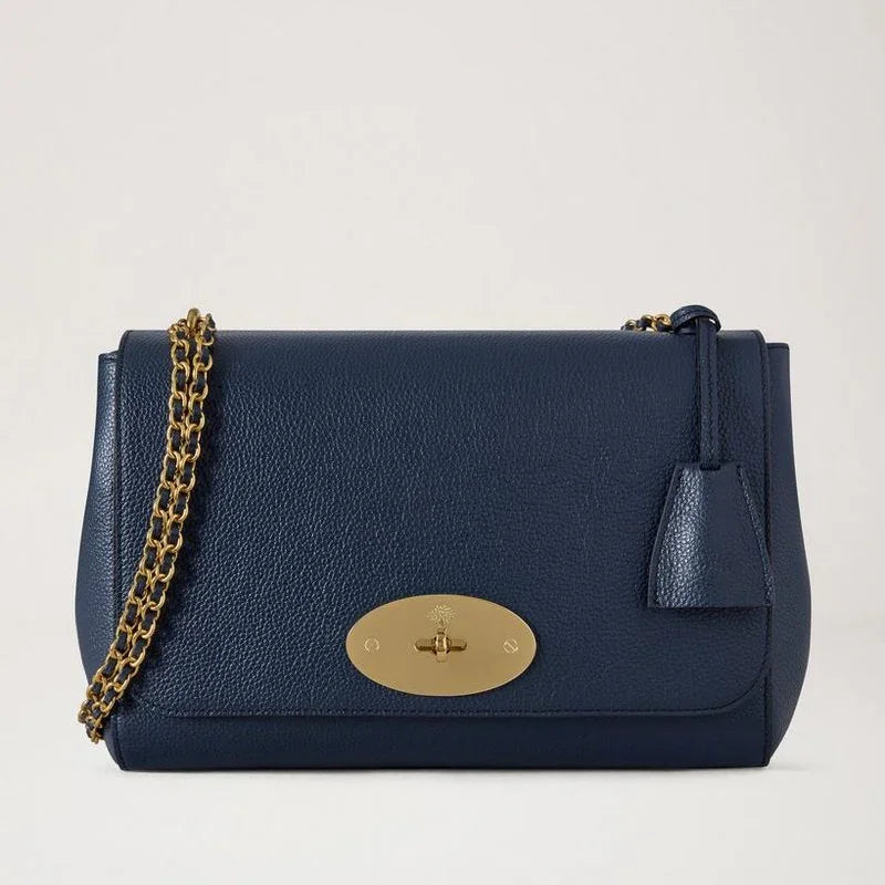 Mulberry Medium Lily Night Sky Small Classic Grain leather bag in dark blue with chain strap and gold details. Model hh0024205u888