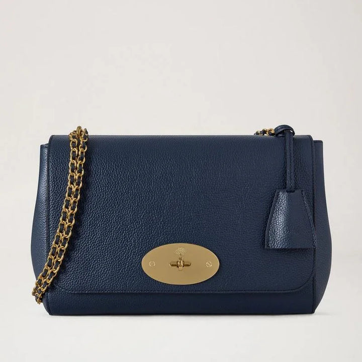 Mulberry Medium Lily Night Sky Small Classic Grain leather bag in dark blue with chain strap and gold details. Model hh0024205u888