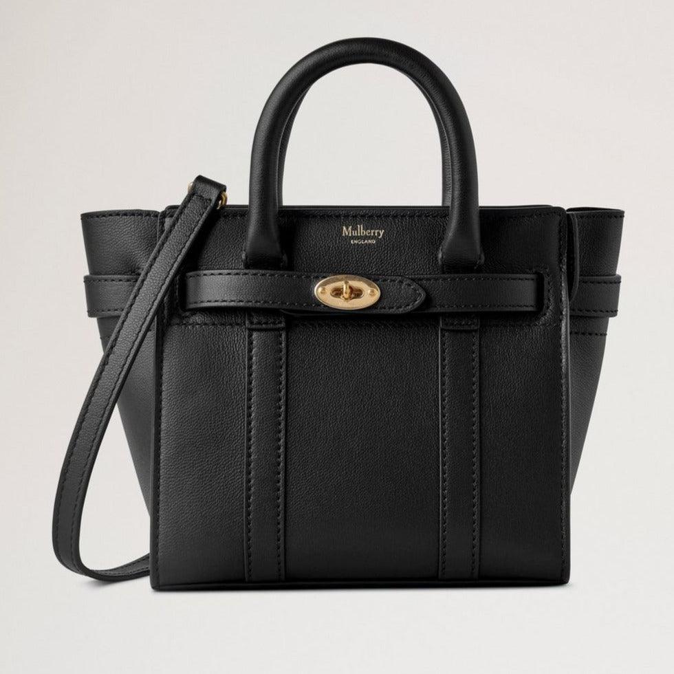 Mulberry Micro Zipped Bayswater Small Classic Grain Black handbag in black leather with golden details. Model rl8237587a100