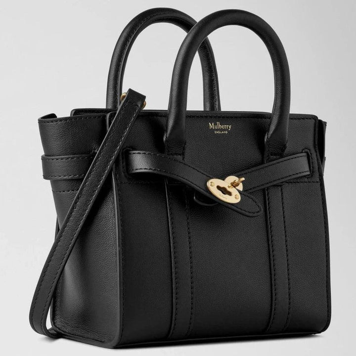 Mulberry Micro Zipped Bayswater Small Classic Grain Black handbag in black leather with gold details, Model rl8237587a100.