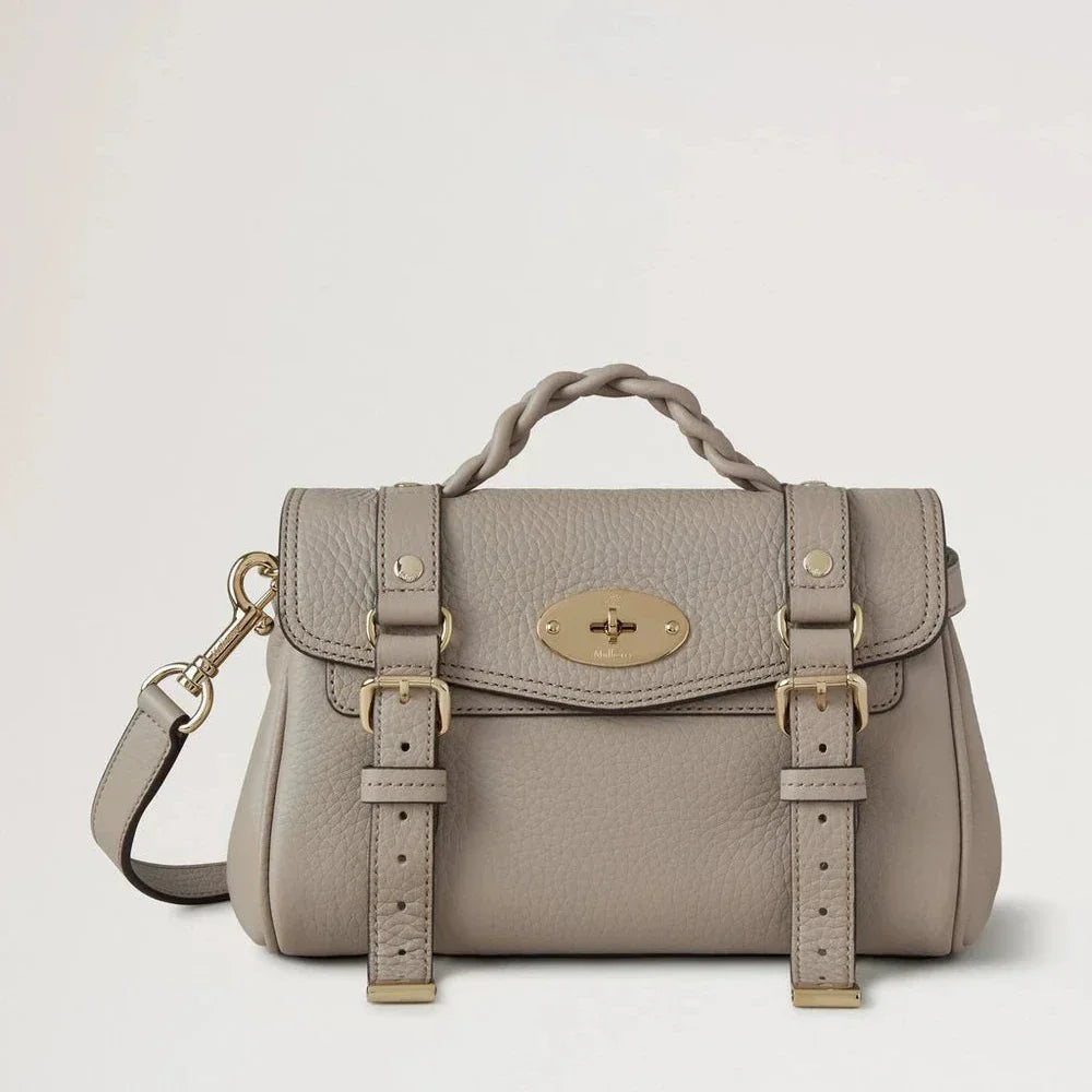 Mulberry Mini Alexa Cashmere Taupe Heavy Grain, shoulder bag in beige leather with braided handle. Model RL6595736F924.