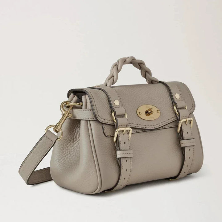 Mulberry Mini Alexa Cashmere Taupe Heavy Grain shoulder bag in taupe leather with braided handle and gold details. Model RL6595736F924.