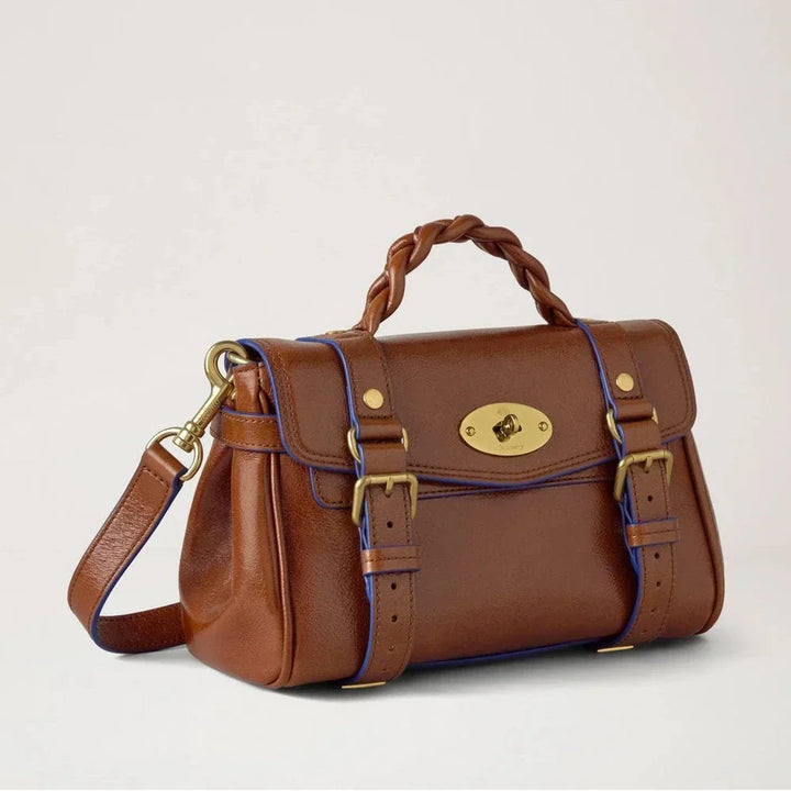 Mulberry Mini Alexa Oak and Pigment Blue Smooth Glossy Leather in glossy brown leather with braided handle, Model RL9022562G231.