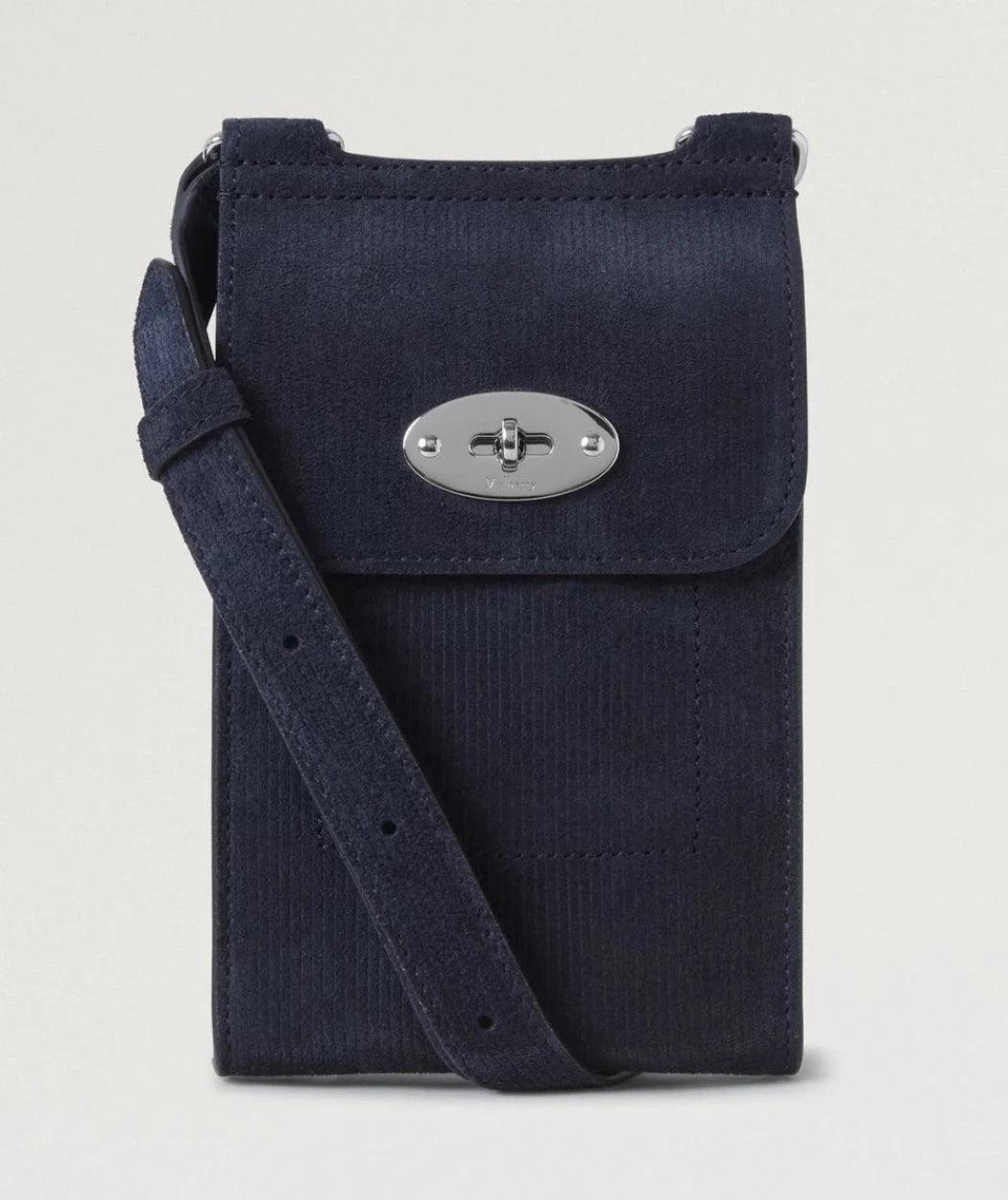 Mulberry Mini Antony Pouch Corduroy Suede Night Sky in dark blue velvet with silver buckle, Model RL8677684U888