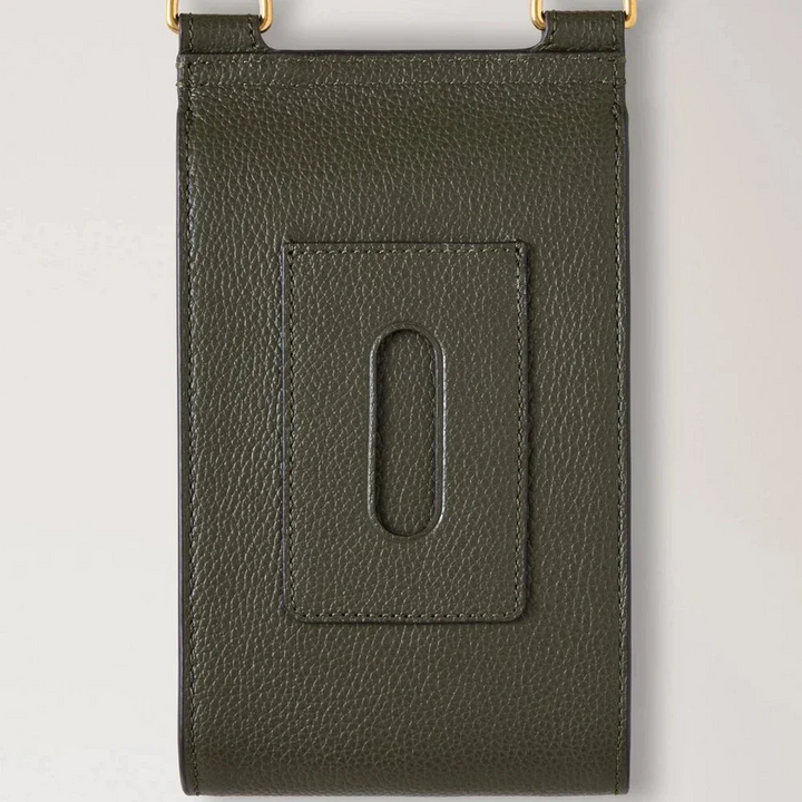 Mulberry Mini Antony Pouch Small Classic Grain in juniper green leather, detail of the back. Model RL6872/205Q749