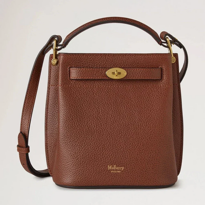Mulberry Mini Islington Bucket Oak Two Tone Small Classic Grain shown from the front in brown leather with gold hardware. Model RL8854552G110
