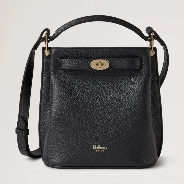Mulberry Mini Islington Bucket Small Classic Grain Black, elegant shoulder bag in black leather with gold buckle. Model rl8803205a100