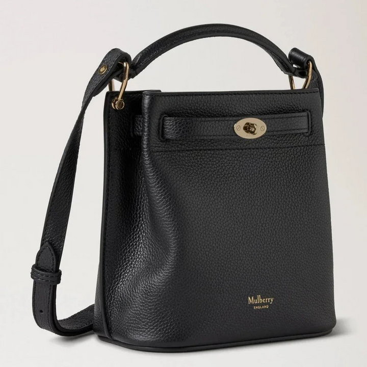 Mulberry Mini Islington Bucket Small Classic Grain Black, black crossbody bag in embossed leather with gold details. Model rl8803205a100.