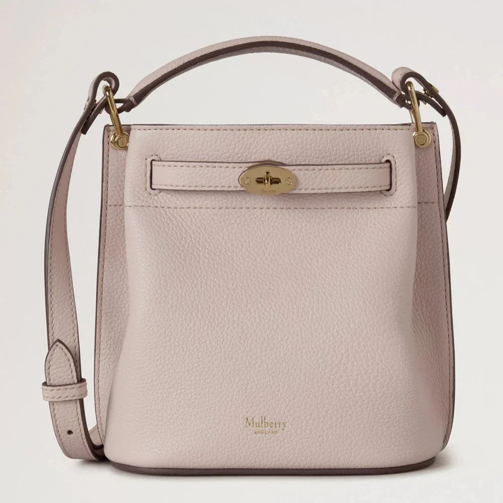 Mulberry Mini Islington Bucket Small Classic Grain Blossom Pink with gold buckle, textured leather, Model RL8803205J002.
