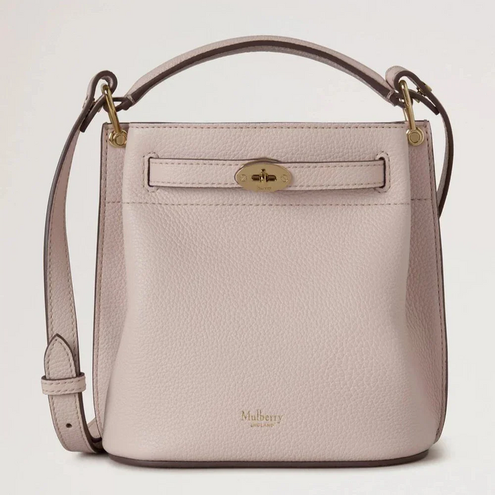 Mulberry Mini Islington Bucket Small Classic Grain Blossom Pink with gold buckle, textured leather, Model RL8803205J002.