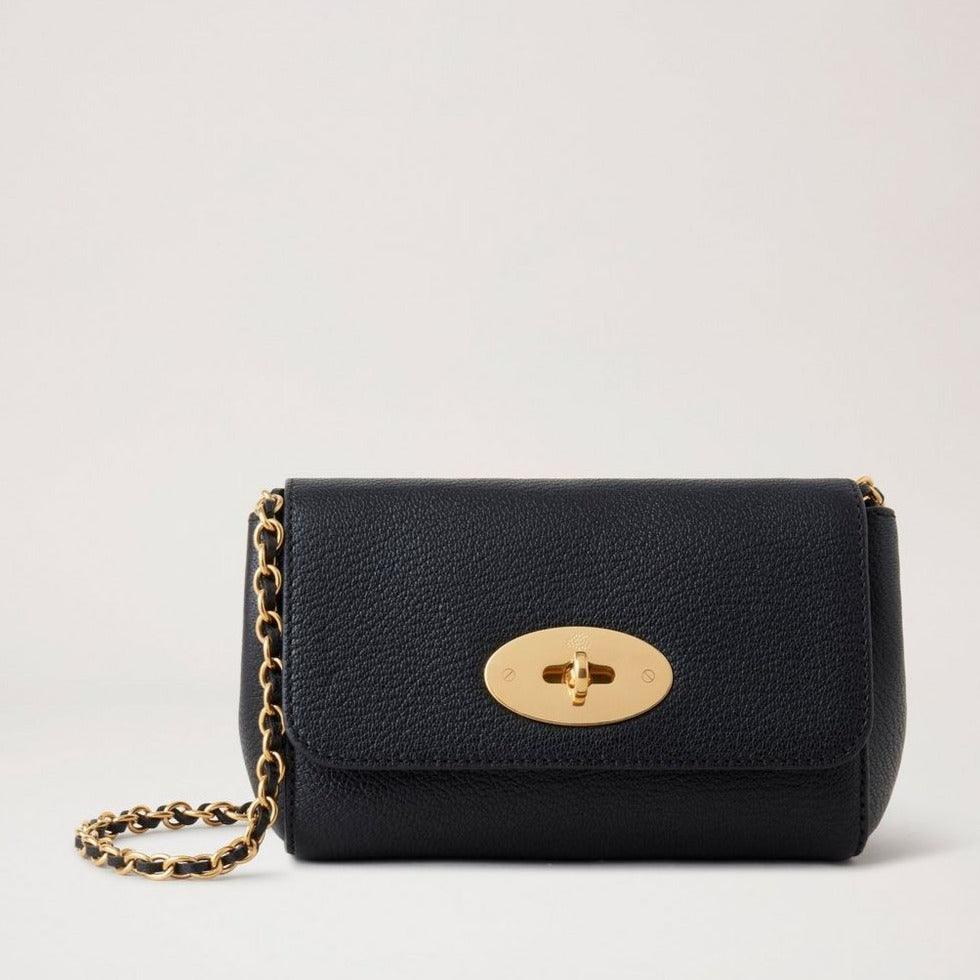 Mulberry Mini Lily Glossy Goat Black, small black leather shoulder bag with gold chain strap and details. Model RL7943874A100
