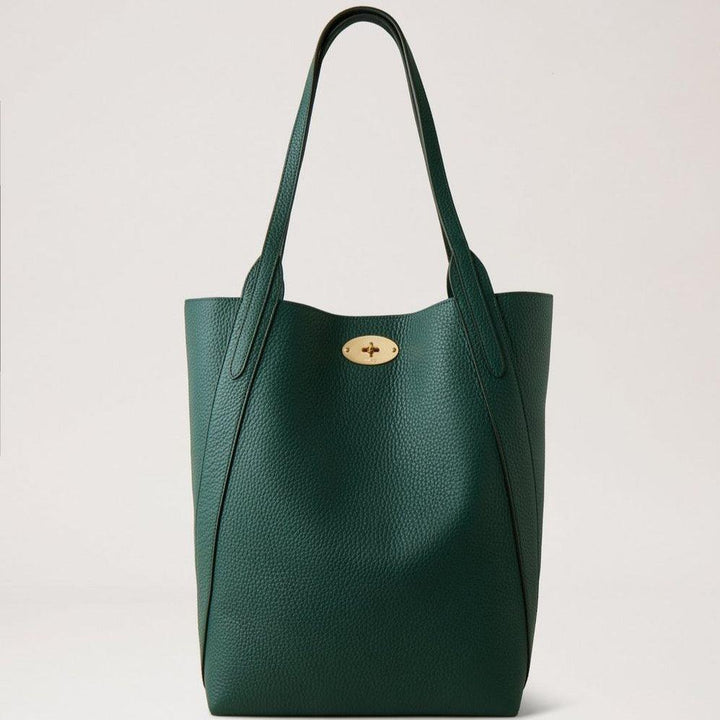 Mulberry North South Bayswater Tote in dark green leather with gold buckle, front view. Model HH9104736Q633.